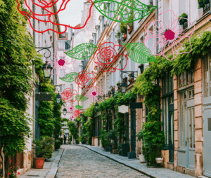 Une rue décoré avec des fleurs rouges et vertes